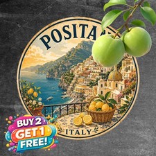 Italian Coastal Village Travel Tin Sign Round Mediterranean Metal Plaque 8x8 picture