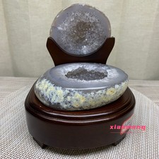 1.9LB  Natural Agate Treasure Basin Geode Crystal Cluster Specimen With Wooden B picture