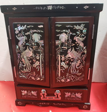 Vintage Asian Oriental Black /Brown Mother of Pearl Jewelry Box Chest Cabinet picture
