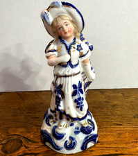 Unusual Vtg Porcelain Spill Vase Woman Figurine Cobalt Blue White Gold Gilded picture