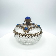 Vintage Cut Crystal Trinket Box Blue Rose Filigree Brass Overlay Jewelry Dish picture