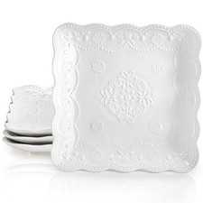 Tebery Set of 4 Square Embossed Ceramic Plate, 10 10 Inch Large, Ivory White picture