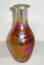 Wheaton Village Sunset Gold Pink Iridescent Swirl Art Glass Vase 2005 signed 8