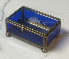 Vintage Etched Floral Cobalt Blue Stained Glass Trinket Jewelry Box 3.5” Hinged picture