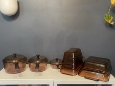 12-Pc Vintage Amber Glass Cookware Set Visions Corning Anchor Hocking USA picture