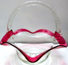 Beautiful Glass Basket Cranberry Pink Clear Glass Applied Handle 10