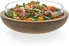 LARGE 12-INCH LIBBEY PROLOGUE GLASS & WOOD SALAD SERVING NESTING BOWL SET NEW picture