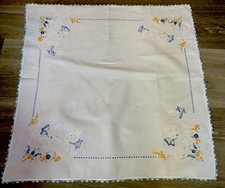 Vintage Square Tablecloth, Hand Sewn Embroidery, Scotty Dogs, Linen, Lace Edges picture