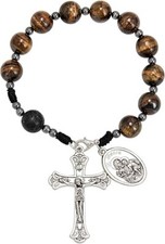 Brown Tiger Eye One Decade Rosary St. Joseph Medal Car Mirror Pocket picture
