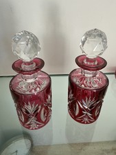 Val St.Lambert Cranberry Pink, Cut To Clear Etched Perfume Bottles Set Of Two picture