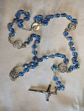 Vintage Italian Blue Glass Bead Christian Rosary w/ Crucifix & Marian Medals picture