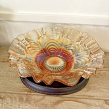 Vintage Marigold Carnival Glass Bowl Scalloped Ruffled Iridescent w/ wood stand picture