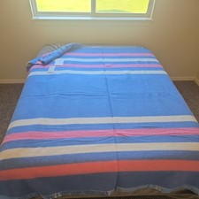 Vtg Baron Woolen Mills Blanket Red, White +Blue Striped 100% Wool Satin Trim 6x7 picture