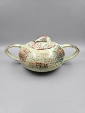 Vintage Authentic Vernonware California Pottery Green Raffia Sugar Bowl w/Lid picture