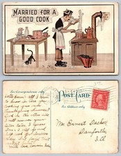 Vintage 1918 Comic Postcard Married For A Good Cook Messy Chef Humor Posted picture