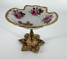 Vintage Porcelain Footed Compote Dish Pink Cabbage Rose Gilt Cast Base picture