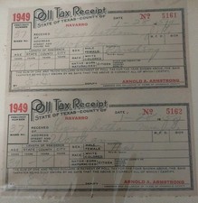 Lot of two 1949 Poll Tax Receipts Navarro Cty Texas -State Democratic Committee  picture