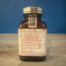 Vintage Eli Lilly Papaverine Hydrochloride POISON Amber Pharmacy Bottle Empty picture