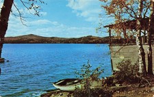 Vintage Lake Cabin Scenic Waterfront Chrome Postcard Canoe Mountain View Unused picture