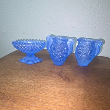 ​Vintage Indiana Glass Blue Satin Diamond Point 3-Pc Vanity Set picture