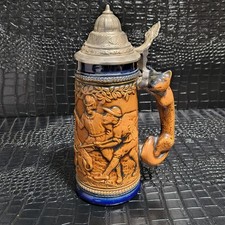 VTG Gerz West Germany Pewter Lidded Beer Stein Fox Handle Boar Hunting 9-1/2
