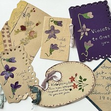 Antique Adorable Handmade Cute Valentine’s Day Cards Love Sweet Folk Art Violets picture