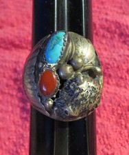 Vtg Sam Kee Navajo Sterling Silver Turquoise Coral Buffalo Ring Size 12.5 18.8gr picture