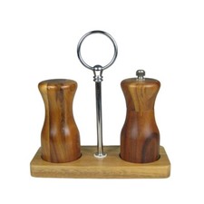 Salt Pepper Shakers Vintage Wood Wooden Brown Caring Tray 6.5 inches picture