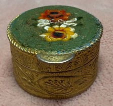 Antique Italian Micro Mosaic Brass Trinket Pill Box Floral Grand Tour Style VTG picture
