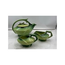 VTG McCoy Avacado Leaf Green Ceramic Teapot Set Creamer and Sugar Bowl Art Deco picture
