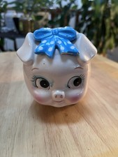 Vintage Lefton Anthropomorphic Piggy Bank White & Pink Bow Hand Painted Ceramic  picture