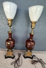 Pair Vintage Hollywood Regency Cranberry Glass Table Lamps Etched Grapes Working picture