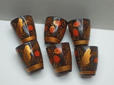 Vintage USSR Wooden Cups Set of 6 Khokhloma Hand Painted Soviet Era 1970s picture