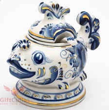 Gzhel Porcelain sauce gravy server pitcher shape of fish Hand painted gold plate picture