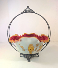Antique Victorian Porcelain Hand Painted Bridal Basket- Quadruple Plated Stand picture