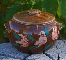 Antique Bean Pot Crock Brown Hand Painted Flowers 2 Qt Made in USA picture