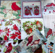 9 GORGEOUS RED BIRD CARDINAL WINTER HOLIDAY THEME Paper Napkins Decoupage BUNDLE picture