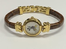 Vintage Ladies Dainty Time Works Mickey Mouse Quartz Watch Leather Bangle Cuff picture