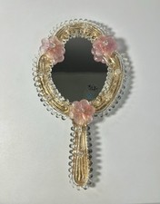 Vintage Venetian Murano Glass Hand Mirror with Pink Glass Flower Trim Wood Back picture