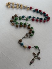 (4C) Vintage Catholic World Mission Wood Bead Rosary Necklace Silver Tone picture
