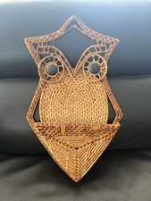 Vintage 70s Wicker Owl Decor Wall Hanger with Pocket Pouch 17” Boho picture