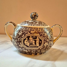 RARE Copeland Spode England Brown 'Greek' Pattern Sugar Bowl c1910 picture