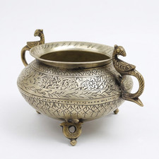Vintage/Antique Engraved Brass Pot with Bird Handles & Legs picture