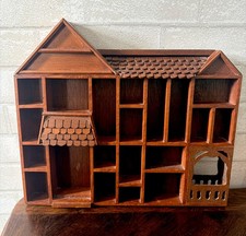 Vintage Wooden House Shaped Trinket Display Miniatures Minis Shelf 15” X 13” picture