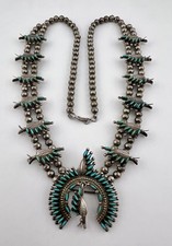 Vintage Zuni Sterling Silver Needlepoint Turquoise Squash Blossom Mini Necklace picture