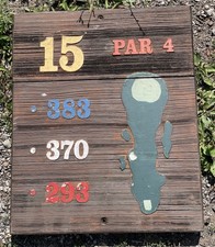 Vintage Wooden Golf Course Sign Shabby Folk Art Hole 15 Pat 4 22x18” picture