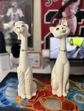 Vintage Japanese Ceramic Cat And Poodle Figurines Pair Long Neck picture