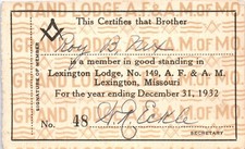 Grand Lodge A F & A M Certificate Lexington Missouri Free Mason Card Vintage 30s picture
