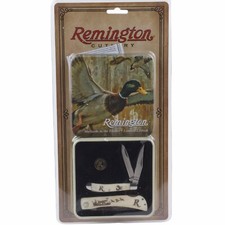 Remington Duck Peanut Lockback Knife Gift Set Tin White Smooth Bone Handle picture