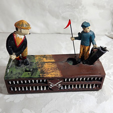 ​Vintage Golf Mechanical Cast Iron Coin Bank | Birdie Putter & Caddie Figurine picture